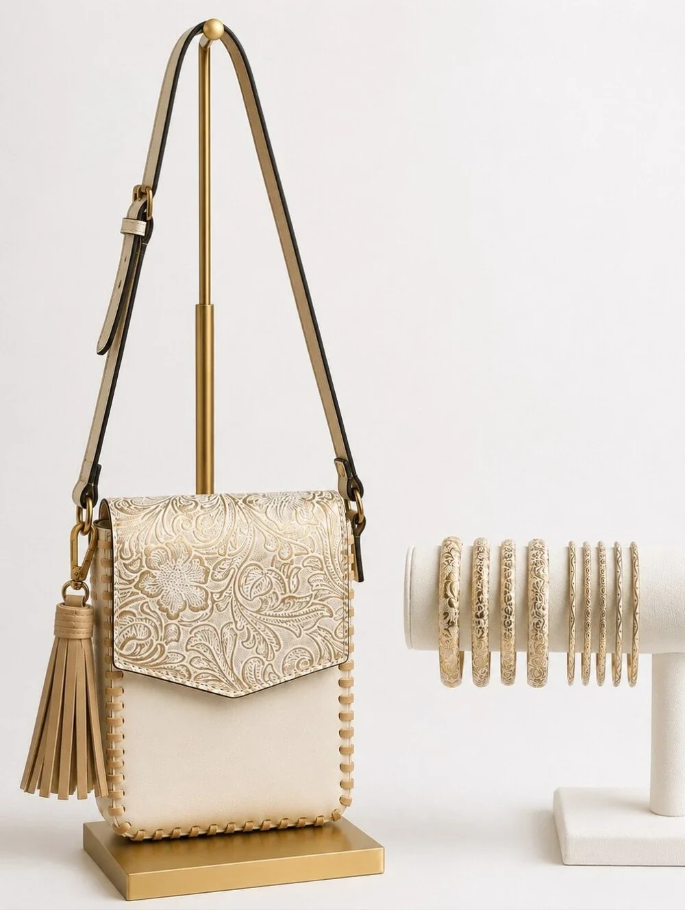Cato Tooled Crossbody Bag & 9-Piece Engraved Bracelet Bundle